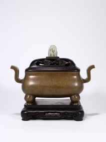 Bronze Double Ears Incense Burner and Jade Carved Crane Pattern Lid