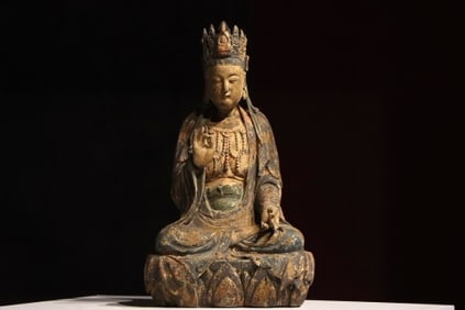Wood Gold Drawing GuanYin Figure
