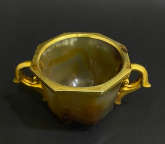 Agate Inlaid Gilt Bronze Double Ears Cup