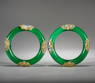 Pair of Jadeite Inlaid Gilt Bronze Blue Enameled Carved Flower Pattern Bangle