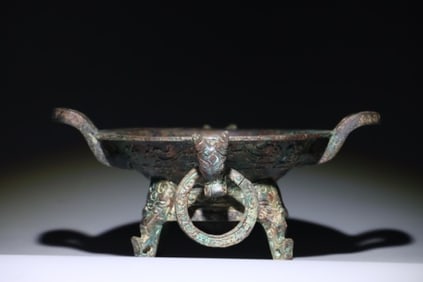 Chinese Bronze Carved Dragon Pattern Double Ears Incense Burner