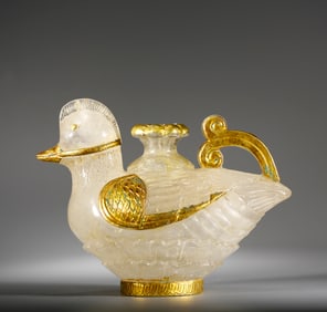 White Crystal Inlaid Gilt Bronze Carved Duck Shape Pot