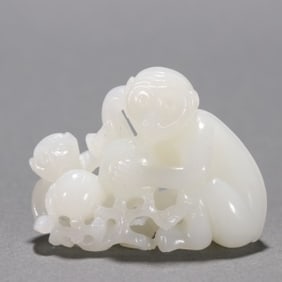 Jade Carved Monkey and Peach Shape Ornament