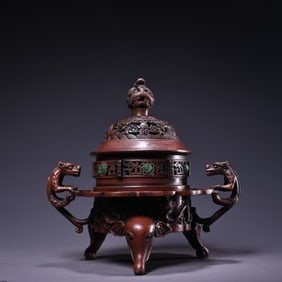 Bronze Carved Flower Pattern Double Dragon Ears Incense Burner