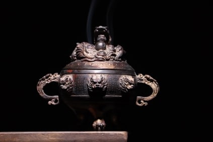 Bronze Carved Lion Pattern Double Dragon Ears Incense Burner