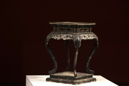 Lacquerware Mother of Pearl Inlaid Carved Landscape and Character Pattern Square Table