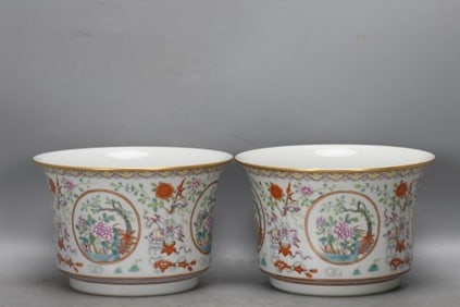 Pair of Enamel Drawing Flower Pattern Porcelain Bowl