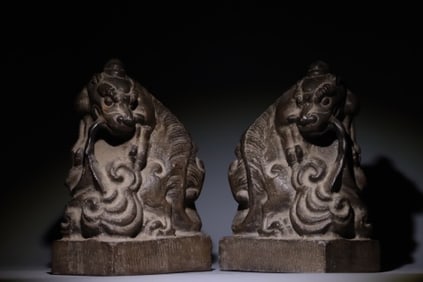 Pair of Grey Stone Lion Figure