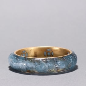 Aquamarine Inlaid Gilt Silver Carved Dragon and Phoenix Pattern Bangle