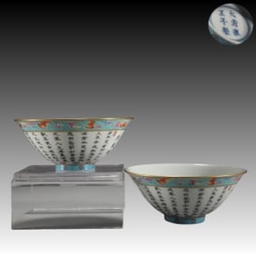 Pair of Famille Rose Poetry and Bat Pattern Porcelain Bowl