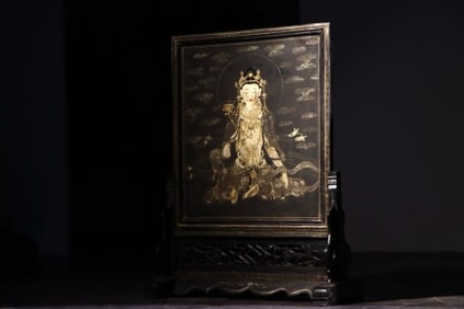 Lacquerware Gold Drawing GuanYin Pattern Table Plaque