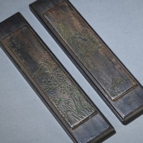 Pair of Red Sandalwood Inlaid Agarwood Carved Landscape and Pine Tree Pattern Paper Weight