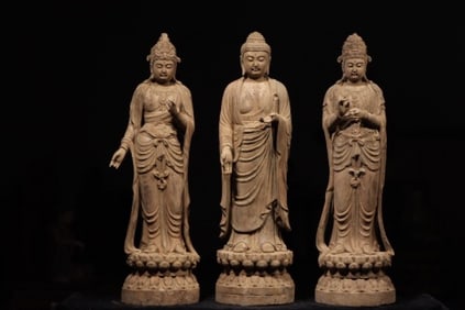 Group of Three Wood Colour Painted Mahasthamaprapta and Amitabha & Avalokitesvara Figure