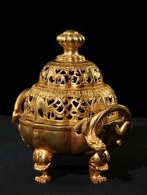 Gilt Bronze Carved Flower and Dragon Pattern Incense Burner