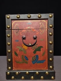 Lacquerware Inlaid Bronze Nail Dot Carved Flower with Butterfly Pattern Box