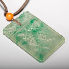 Jadeite Carved Lotus Flower and Bat Pattern Pendant