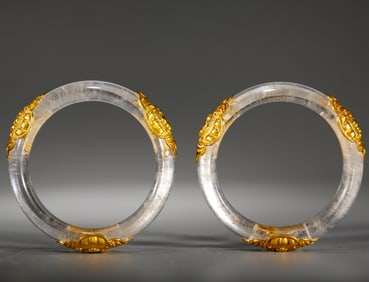 Pair of White Crystal Inlaid Gilt Bronze Carved Flower Pattern Bangle