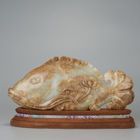 Jade Carved Fish and Lotus Flower Shape Ornament