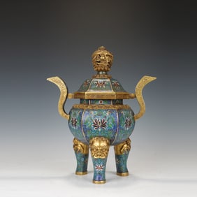 Bronze Cloisonne Carved Flower Pattern Double Ears Three Lion Foots Incense Burner