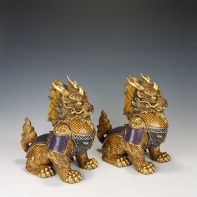 Pair of Bronze Enamel Blue Base Carved Lion Ornament