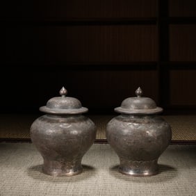 Pair of Silver Carved Flower and Dragon Pattern Pot