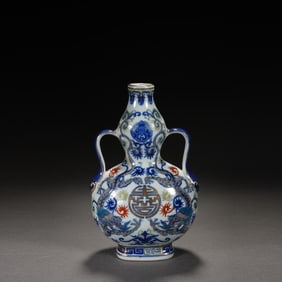 Blue and White Famille Rose Flower and Dragon Pattern Double Ears Porcelain Vase