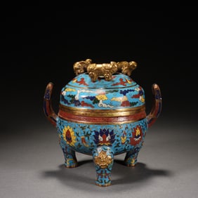 Bronze Cloisonne Carved Flower Pattern Double Ears Three Lion Foots Incense Burner