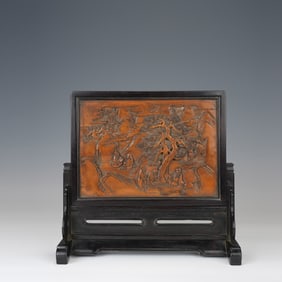 Red Sandalwood Inlaid Boxwood Carved Pine Tree and Character Pattern Table Plaque