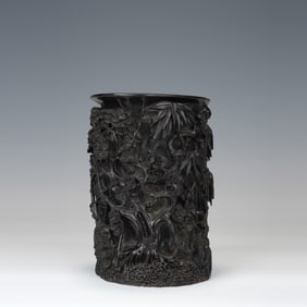 Red Sandalwood Carved Bamboo and Pine Tree & Plum Blossom Pattern Brush Pot