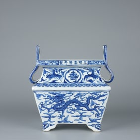Blue and White Dragon and Phoenix Pattern Double Ears Porcelain Incense Burner