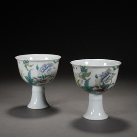 Pair of Famille Rose Flower Pattern Porcelain High Foot Cup