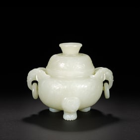 Jade Carved Buddha Pattern Double Elephant Ears Incense Burner