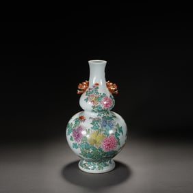 Famille Rose Flower Pattern Double Beast Ears Gourd Shape Porcelain Vase