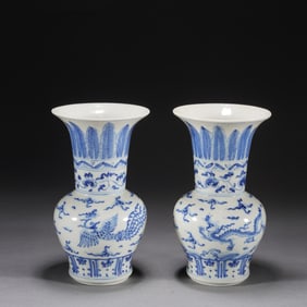 Pair of Blue and White Dragon and Phoenix Pattern Porcelain Flower Pot