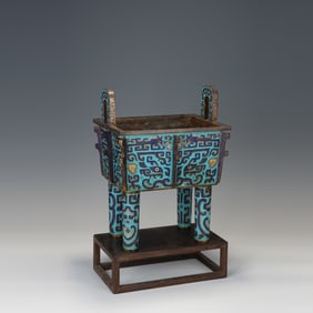 Bronze Cloisonne Carved Beast Face Pattern Double Ears Incense Burner