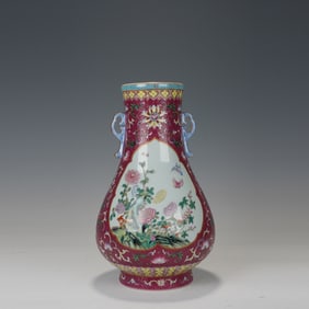 Famille Rose Flower with Butterfly Pattern Double Ears Porcelain Zun