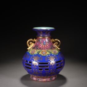 Famille Rose Gold Drawing Flower Pattern Double Ears Porcelain Zun