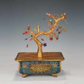 Bronze Cloisonne Carved Flower Branch Pattern Inlaid Gem Stone Flower Tree Shape Ornament