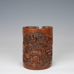 Bamboo Carved Pine Tree and Character Story Pattern Brush Pot