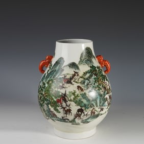 Famille Rose Pine Tree and Deer Pattern Double Deer Ears Porcelain Zun