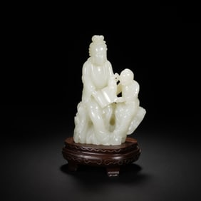 Jade Carved GuanYin and Child Figure