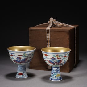 Pair of Doucai Phoenix and Cloud Pattern Porcelain High Foot Cup