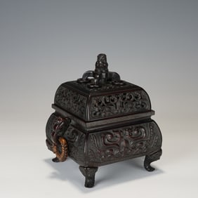 Red Sandalwood Carved Dragon Pattern Double Dragon Ears Incense Burner