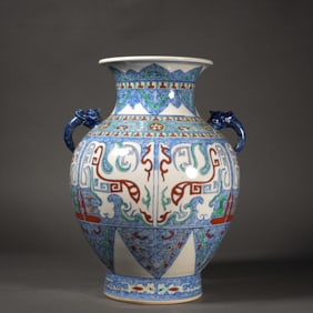 Doucai Beast Face Pattern Double Dragon Ears Porcelain Zun