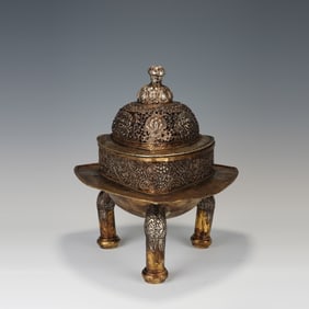 Tibetan Silver Carved Flower Pattern Incense Burner