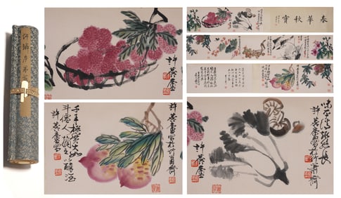 Chinese Drawing Flower and Fruit Hand Scroll,Xu Linlu Mark