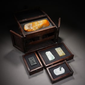 Group of Five Jadeite Carved Buddha Pattern Pendant and Jade Carved Landscape Pattern Ornament