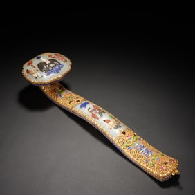 Jade Multi GemStone Inlaid Carved Character Story and Elephant RuYi Ornament