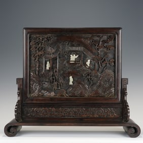 Red Sandalwood Inlaid Jade Carved Pine Tree and Character Pattern Table Plaque