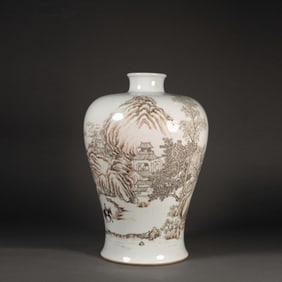 Ink Colored Landscape and Character Pattern Porcelain Vase